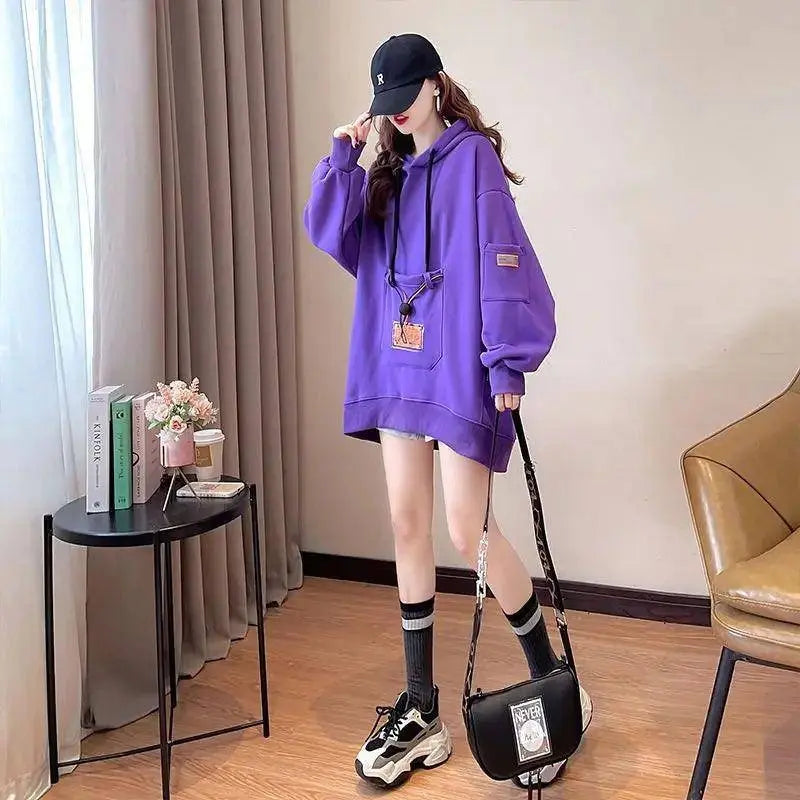 Large Size 200 Pounds Medium Long Hooded Sweatshirt Women's Thin 2025 New Spring Korean Version Loose Top Jacket Ins Trend - SS69