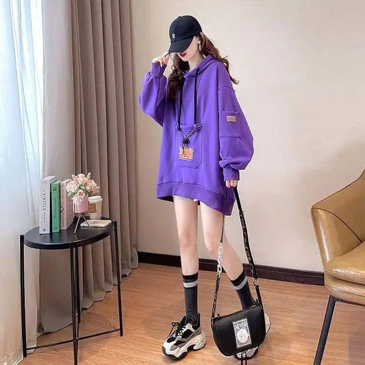 Large Size 200 Pounds Medium Long Hooded Sweatshirt Women's Thin 2025 New Spring Korean Version Loose Top Jacket Ins Trend - SS69