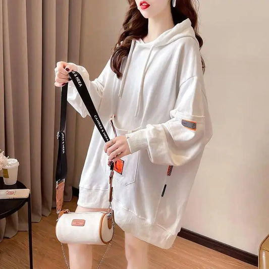 Large Size 200 Pounds Medium Long Hooded Sweatshirt Women's Thin 2025 New Spring Korean Version Loose Top Jacket Ins Trend - SS69
