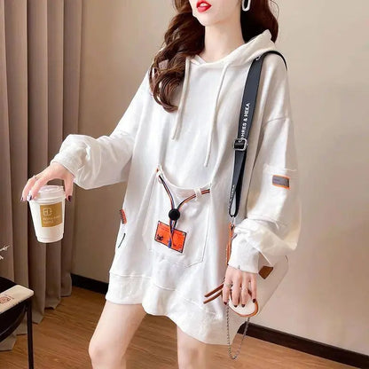 Large Size 200 Pounds Medium Long Hooded Sweatshirt Women's Thin 2025 New Spring Korean Version Loose Top Jacket Ins Trend - SS69