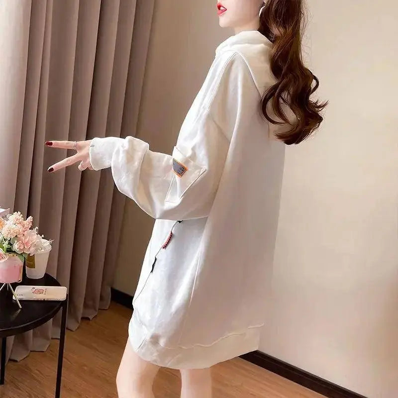 Large Size 200 Pounds Medium Long Hooded Sweatshirt Women's Thin 2025 New Spring Korean Version Loose Top Jacket Ins Trend - SS69
