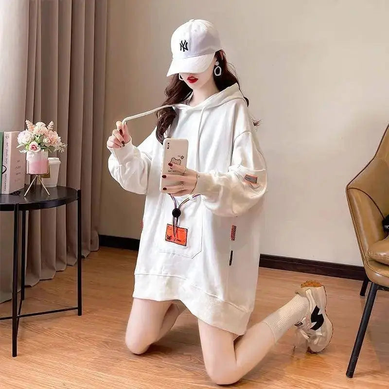 Large Size 200 Pounds Medium Long Hooded Sweatshirt Women's Thin 2025 New Spring Korean Version Loose Top Jacket Ins Trend - SS69