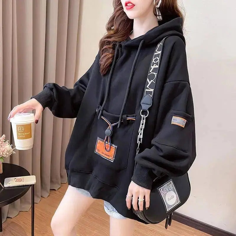 Large Size 200 Pounds Medium Long Hooded Sweatshirt Women's Thin 2025 New Spring Korean Version Loose Top Jacket Ins Trend - SS69