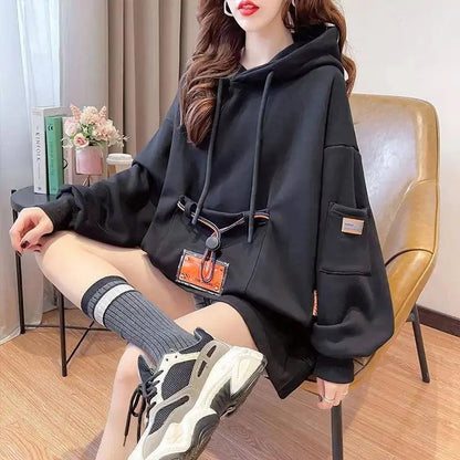 Large Size 200 Pounds Medium Long Hooded Sweatshirt Women's Thin 2025 New Spring Korean Version Loose Top Jacket Ins Trend - SS69