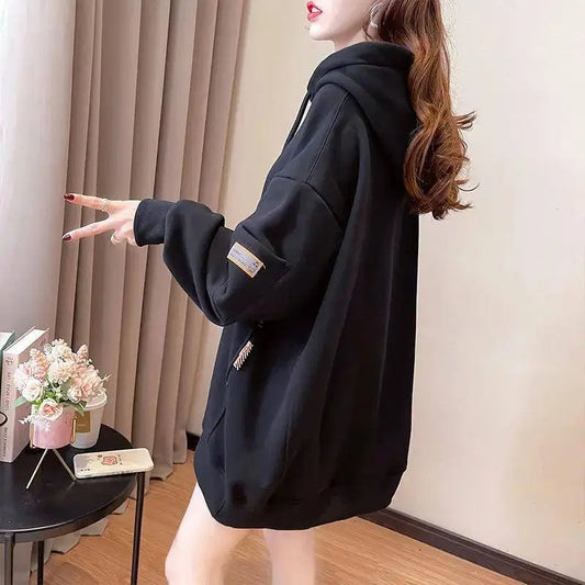 Large Size 200 Pounds Medium Long Hooded Sweatshirt Women's Thin 2025 New Spring Korean Version Loose Top Jacket Ins Trend - SS69