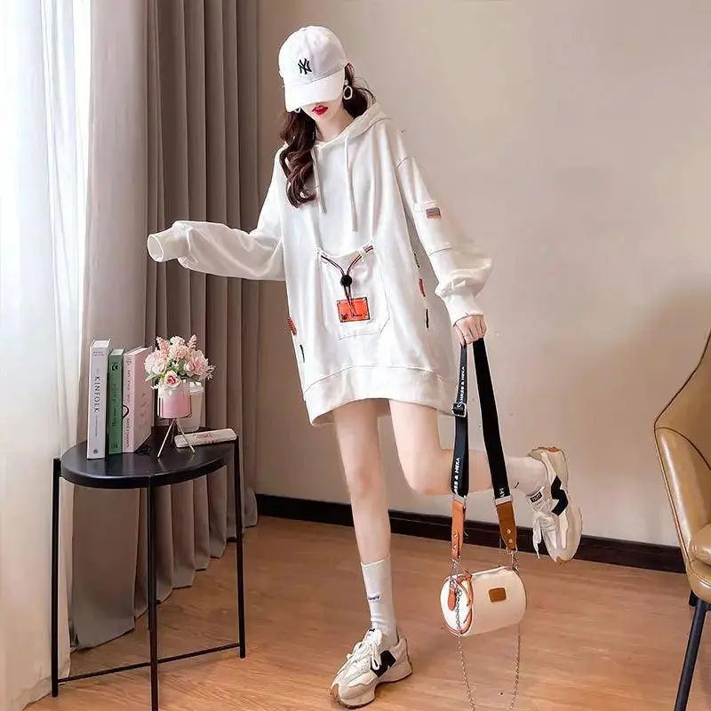 Large Size 200 Pounds Medium Long Hooded Sweatshirt Women's Thin 2025 New Spring Korean Version Loose Top Jacket Ins Trend - SS69