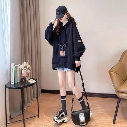 Large Size 200 Pounds Medium Long Hooded Sweatshirt Women's Thin 2025 New Spring Korean Version Loose Top Jacket Ins Trend - SS69