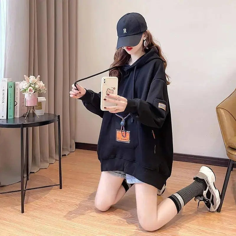 Large Size 200 Pounds Medium Long Hooded Sweatshirt Women's Thin 2025 New Spring Korean Version Loose Top Jacket Ins Trend - SS69