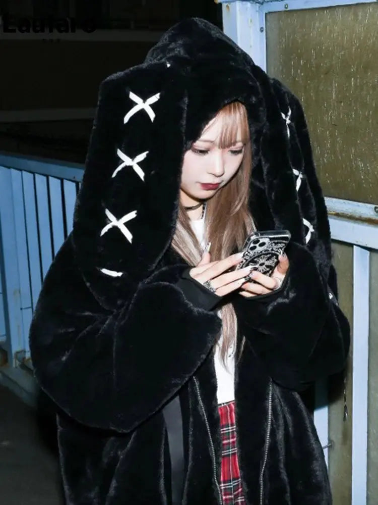 Lautaro Autumn Oversized Sweet Cute Soft Purple Black Faux Fur Coat Women with Bunny Ears Kawaii Loose Fluffy Jacket Hoodie 2025 - SS69
