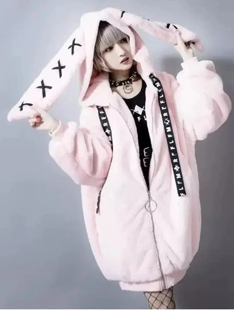 Lautaro Autumn Oversized Sweet Cute Soft Purple Black Faux Fur Coat Women with Bunny Ears Kawaii Loose Fluffy Jacket Hoodie 2025 SS69
