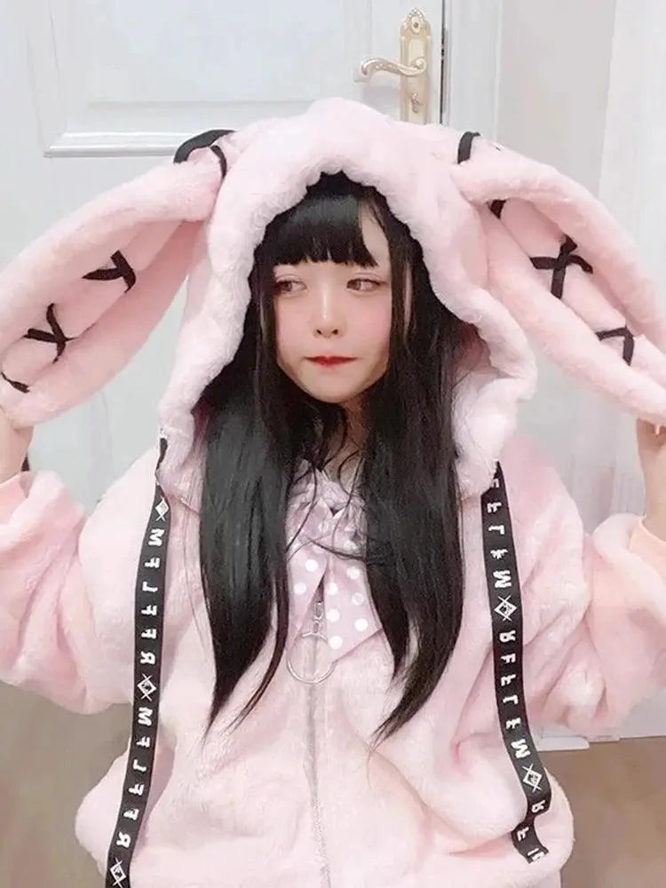 Lautaro Autumn Oversized Sweet Cute Soft Purple Black Faux Fur Coat Women with Bunny Ears Kawaii Loose Fluffy Jacket Hoodie 2025 - SS69