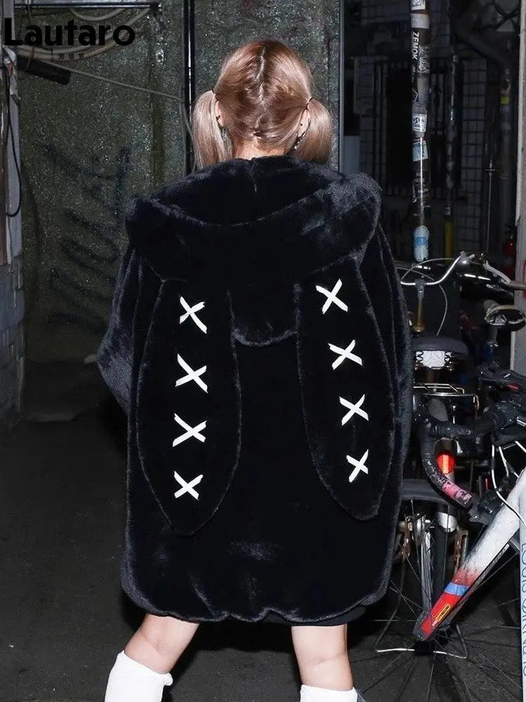 Lautaro Autumn Oversized Sweet Cute Soft Purple Black Faux Fur Coat Women with Bunny Ears Kawaii Loose Fluffy Jacket Hoodie 2025 - SS69