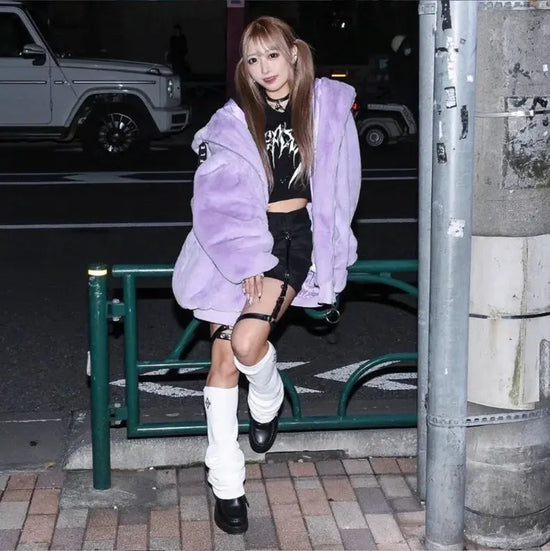 Lautaro Autumn Oversized Sweet Cute Soft Purple Black Faux Fur Coat Women with Bunny Ears Kawaii Loose Fluffy Jacket Hoodie 2025 SS69