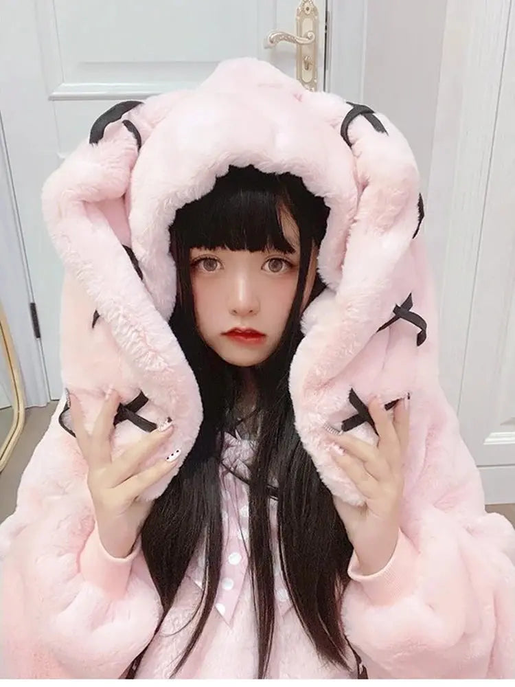 Lautaro Autumn Oversized Sweet Cute Soft Purple Black Faux Fur Coat Women with Bunny Ears Kawaii Loose Fluffy Jacket Hoodie 2025 SS69