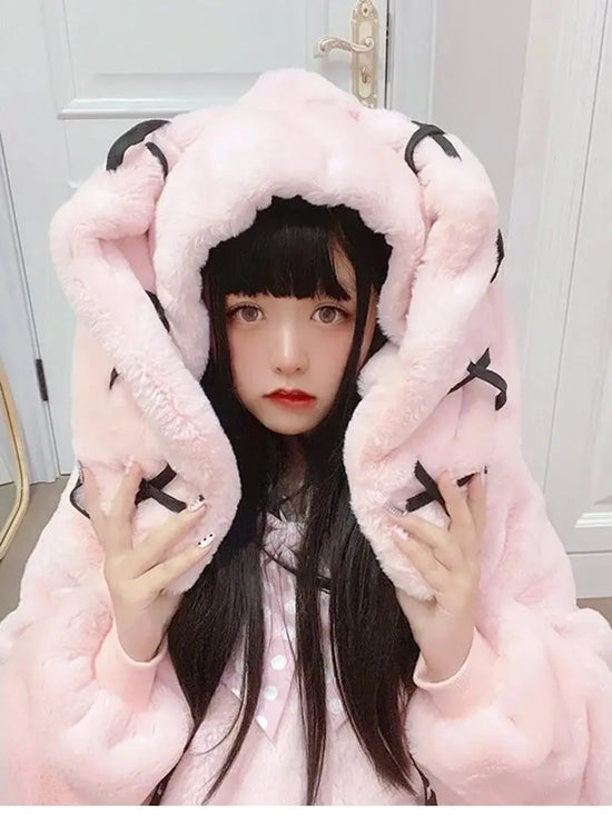 Lautaro Autumn Oversized Sweet Cute Soft Purple Black Faux Fur Coat Women with Bunny Ears Kawaii Loose Fluffy Jacket Hoodie 2025 SS69