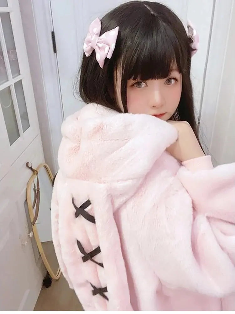Lautaro Autumn Oversized Sweet Cute Soft Purple Black Faux Fur Coat Women with Bunny Ears Kawaii Loose Fluffy Jacket Hoodie 2025 - SS69