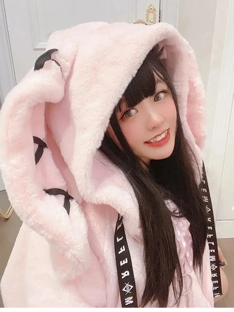 Lautaro Autumn Oversized Sweet Cute Soft Purple Black Faux Fur Coat Women with Bunny Ears Kawaii Loose Fluffy Jacket Hoodie 2025 SS69