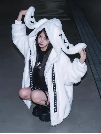 Lautaro Autumn Oversized Sweet Cute Soft Purple Black Faux Fur Coat Women with Bunny Ears Kawaii Loose Fluffy Jacket Hoodie 2025 - SS69