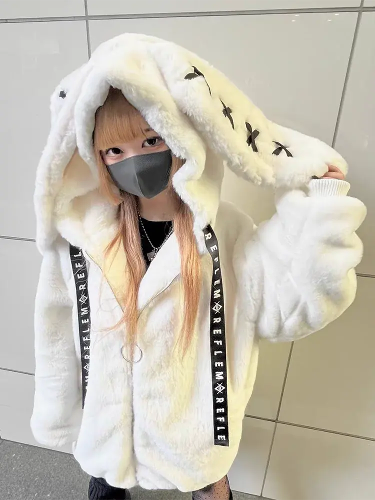 Lautaro Autumn Oversized Sweet Cute Soft Purple Black Faux Fur Coat Women with Bunny Ears Kawaii Loose Fluffy Jacket Hoodie 2025 - SS69