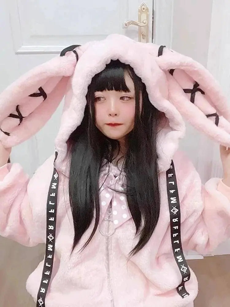 Lautaro Autumn Oversized Sweet Cute Soft Purple Black Faux Fur Coat Women with Bunny Ears Kawaii Loose Fluffy Jacket Hoodie 2025 - SS69