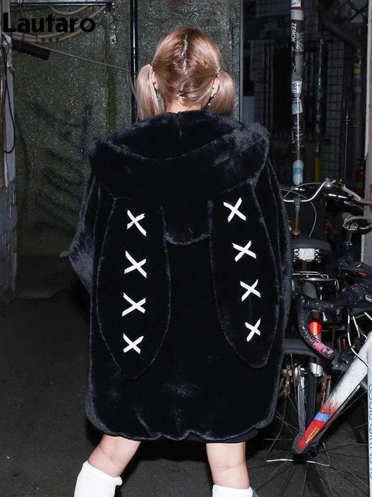 Lautaro Autumn Oversized Sweet Cute Soft Purple Black Faux Fur Coat Women with Bunny Ears Kawaii Loose Fluffy Jacket Hoodie 2025 - SS69