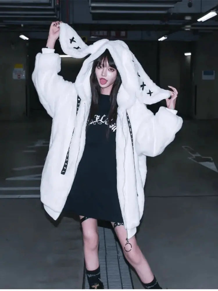 Lautaro Autumn Oversized Sweet Cute Soft Purple Black Faux Fur Coat Women with Bunny Ears Kawaii Loose Fluffy Jacket Hoodie 2025 - SS69