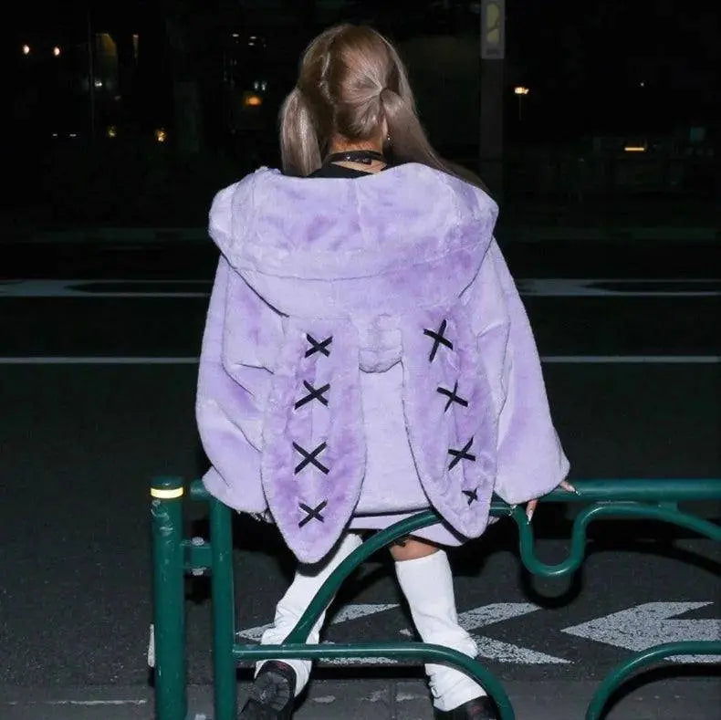 Lautaro Autumn Oversized Sweet Cute Soft Purple Black Faux Fur Coat Women with Bunny Ears Kawaii Loose Fluffy Jacket Hoodie 2025 - SS69