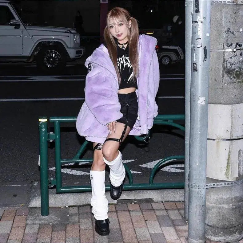 Lautaro Autumn Oversized Sweet Cute Soft Purple Black Faux Fur Coat Women with Bunny Ears Kawaii Loose Fluffy Jacket Hoodie 2025 - SS69