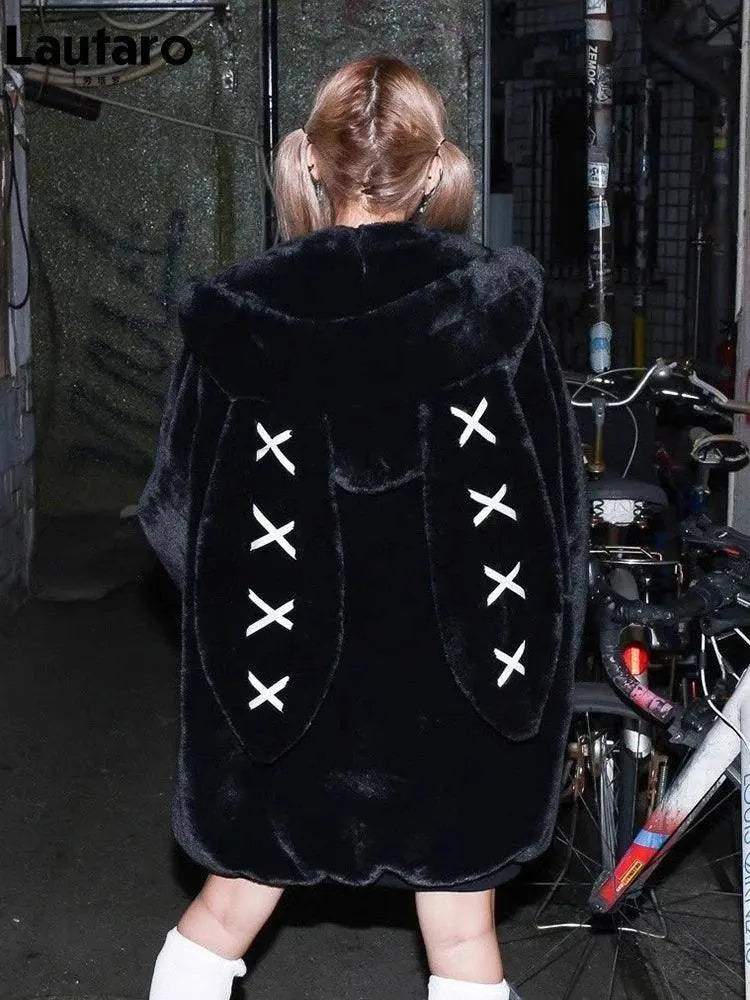 Lautaro Autumn Oversized Sweet Cute Soft Purple Black Faux Fur Coat Women with Bunny Ears Kawaii Loose Fluffy Jacket Hoodie 2025 - SS69