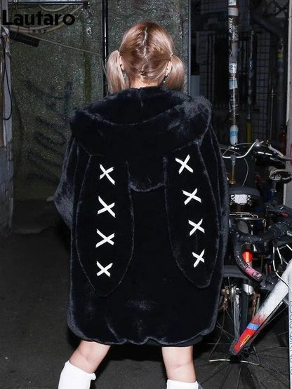 Lautaro Autumn Oversized Sweet Cute Soft Purple Black Faux Fur Coat Women with Bunny Ears Kawaii Loose Fluffy Jacket Hoodie 2025 - SS69