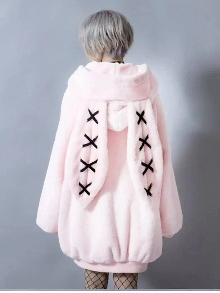 Lautaro Autumn Oversized Sweet Cute Soft Purple Black Faux Fur Coat Women with Bunny Ears Kawaii Loose Fluffy Jacket Hoodie 2025 - SS69