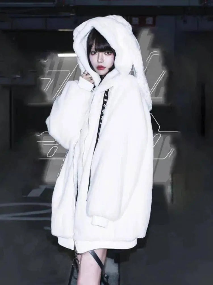 Lautaro Autumn Oversized Sweet Cute Soft Purple Black Faux Fur Coat Women with Bunny Ears Kawaii Loose Fluffy Jacket Hoodie 2025 - SS69