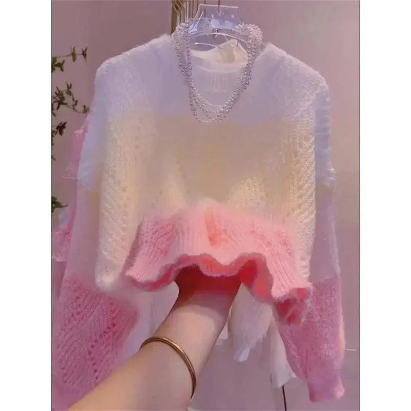 Lazy Style Colorful Hollow Knit Top For Women's Spring Autumn New Sweet Color Blocking Round Neck Long Sleeved Pullover Sweater SS69