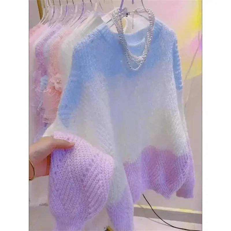 Lazy Style Colorful Hollow Knit Top For Women's Spring Autumn New Sweet Color Blocking Round Neck Long Sleeved Pullover Sweater SS69