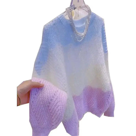 Lazy Style Colorful Hollow Knit Top For Women's Spring Autumn New Sweet Color Blocking Round Neck Long Sleeved Pullover Sweater SS69