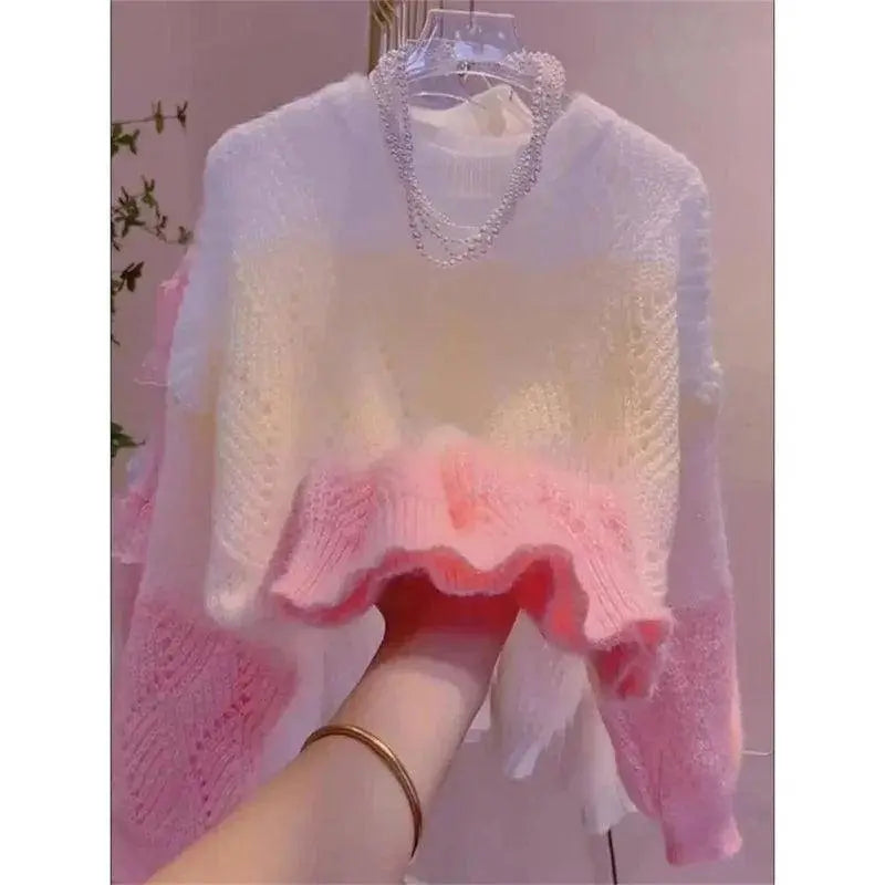 Lazy Style Colorful Hollow Knit Top For Women's Spring Autumn New Sweet Color Blocking Round Neck Long Sleeved Pullover Sweater SS69