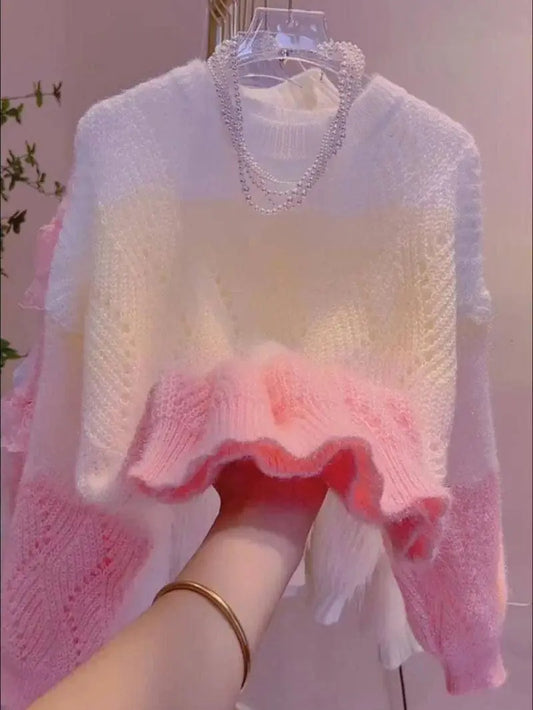 Lazy Style Colorful Hollow Knit Top For Women's Spring Autumn New Sweet Color Blocking Round Neck Long Sleeved Pullover Sweater SS69