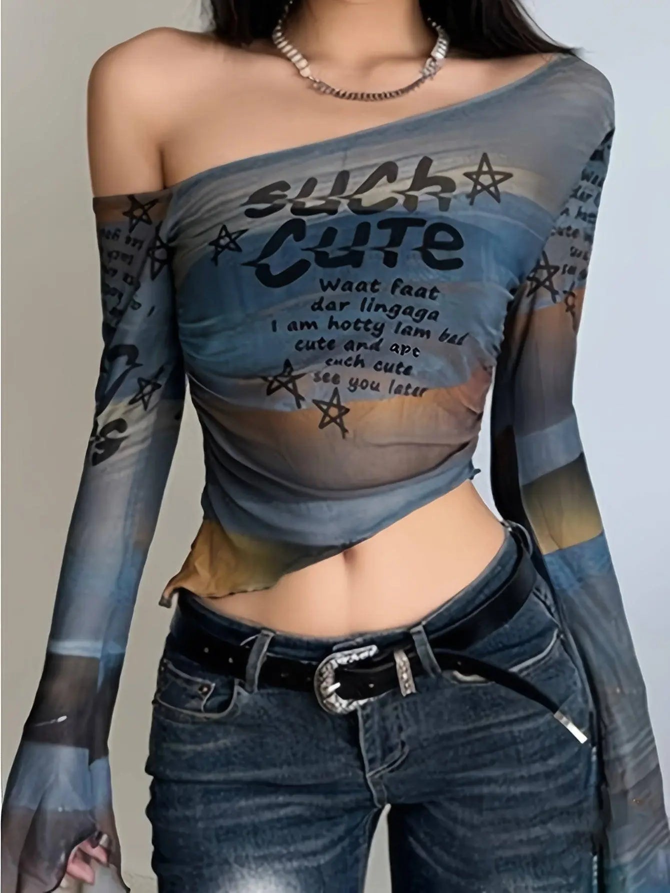 Letter Print Irregular Hem T-Shirt, Y2K Long Sleeve T-Shirt For Spring & Fall, Women's Clothing SS69