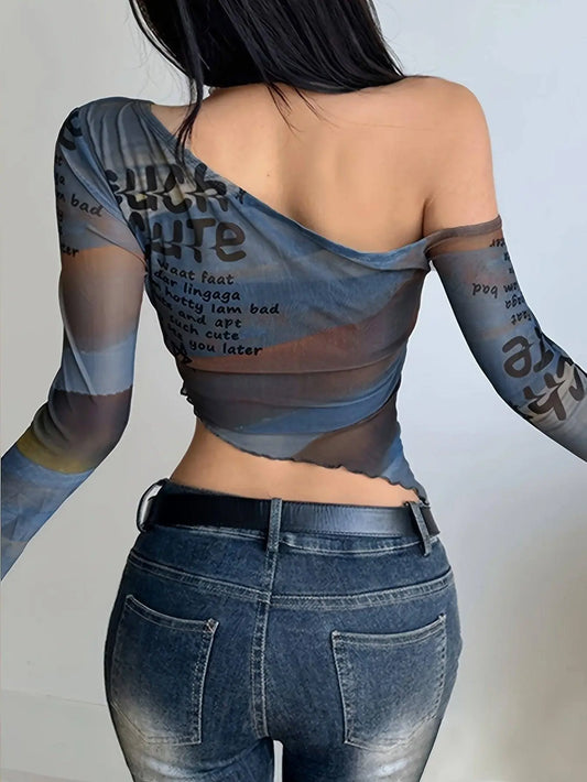 Letter Print Irregular Hem T-Shirt, Y2K Long Sleeve T-Shirt For Spring & Fall, Women's Clothing SS69