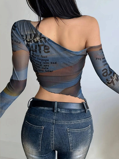 Letter Print Irregular Hem T-Shirt, Y2K Long Sleeve T-Shirt For Spring & Fall, Women's Clothing SS69