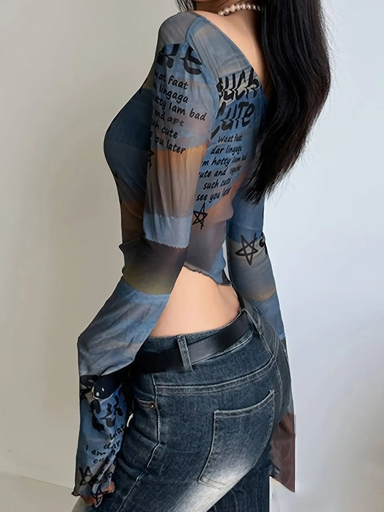 Letter Print Irregular Hem T-Shirt, Y2K Long Sleeve T-Shirt For Spring & Fall, Women's Clothing SS69