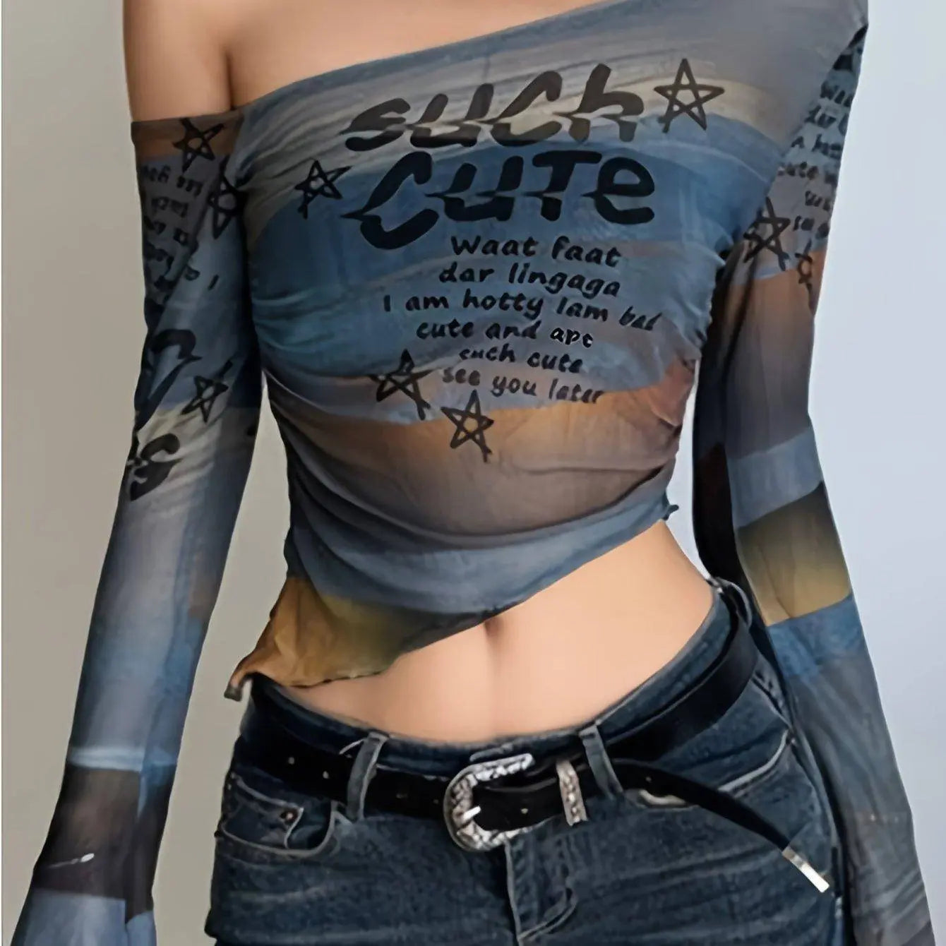 Letter Print Irregular Hem T-Shirt, Y2K Long Sleeve T-Shirt For Spring & Fall, Women's Clothing SS69