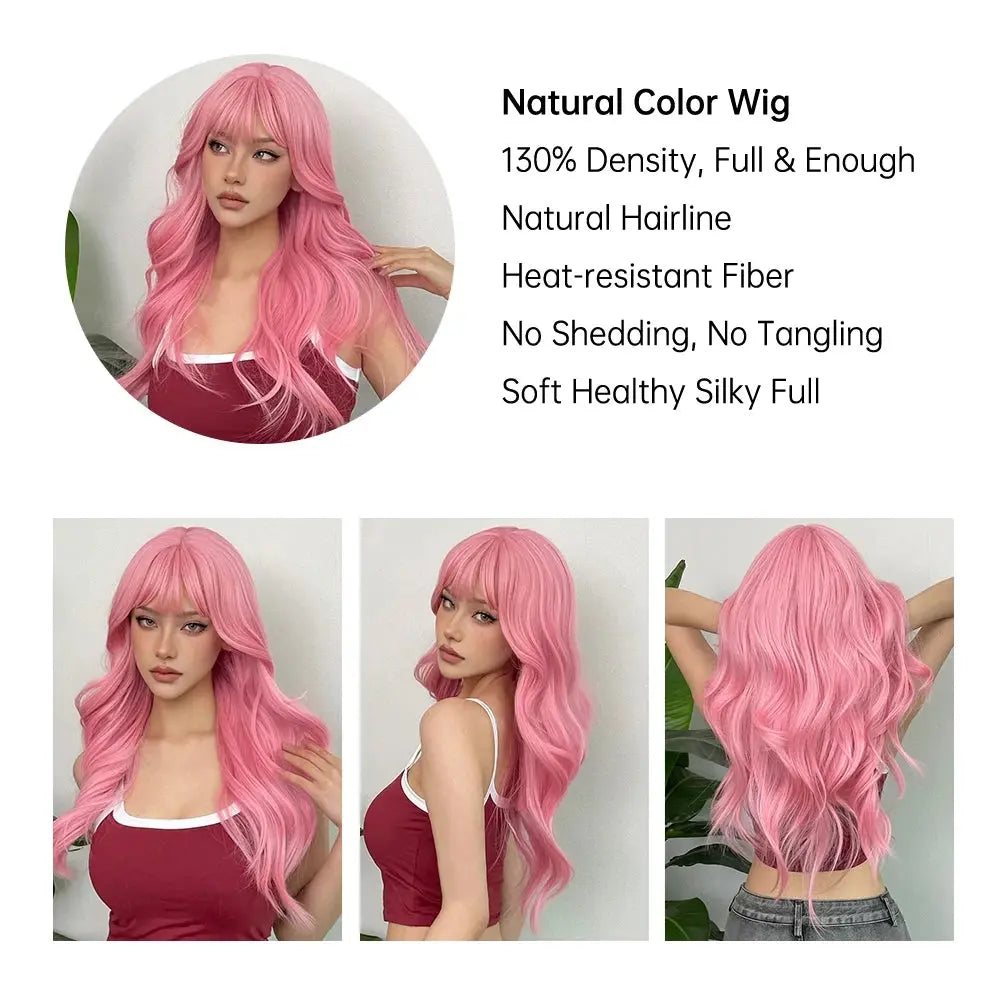 Light Pink Long Wavy Cosplay Synthetic Hair Wigs with Bangs for White Women Afro Lolita Water Wave Halloween Heat Reisitant Wig - SS69