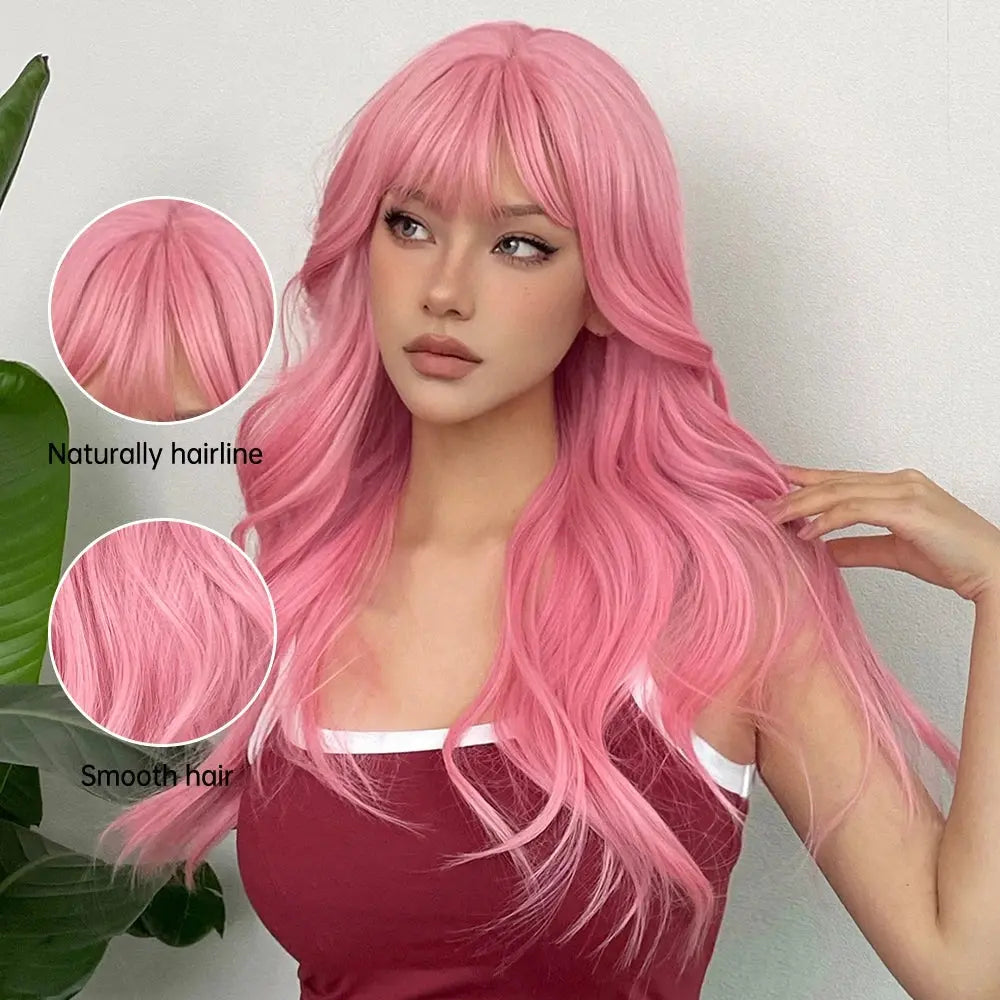 Light Pink Long Wavy Cosplay Synthetic Hair Wigs with Bangs for White Women Afro Lolita Water Wave Halloween Heat Reisitant Wig - SS69