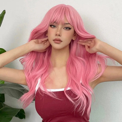 Light Pink Long Wavy Cosplay Synthetic Hair Wigs with Bangs for White Women Afro Lolita Water Wave Halloween Heat Reisitant Wig - SS69
