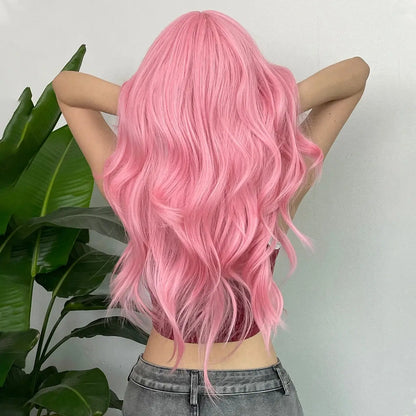 Light Pink Long Wavy Cosplay Synthetic Hair Wigs with Bangs for White Women Afro Lolita Water Wave Halloween Heat Reisitant Wig - SS69