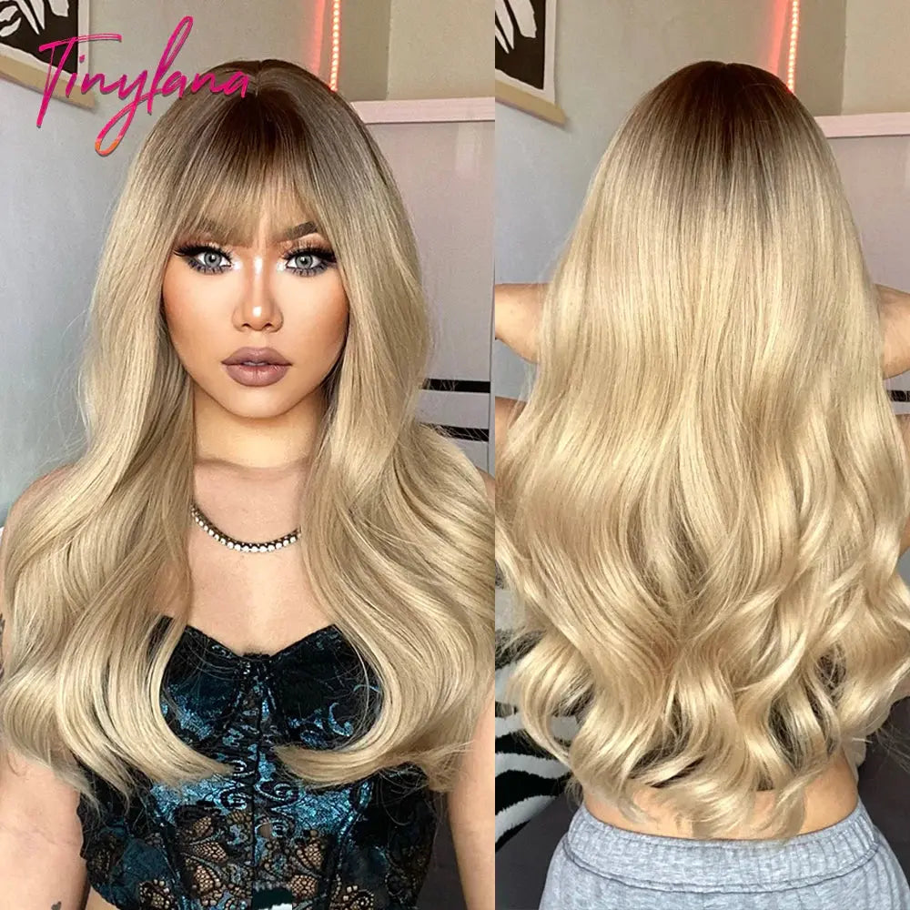 Light Pink Long Wavy Cosplay Synthetic Hair Wigs with Bangs for White Women Afro Lolita Water Wave Halloween Heat Reisitant Wig - SS69