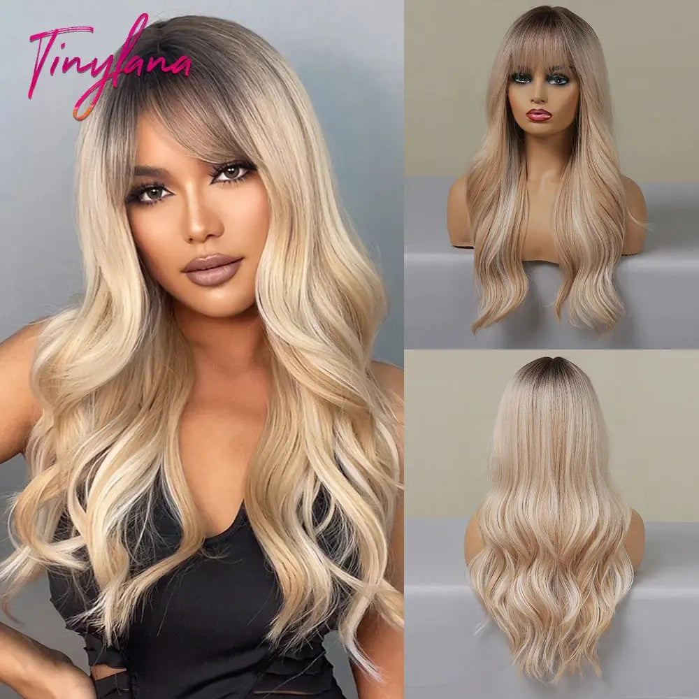 Light Pink Long Wavy Cosplay Synthetic Hair Wigs with Bangs for White Women Afro Lolita Water Wave Halloween Heat Reisitant Wig - SS69