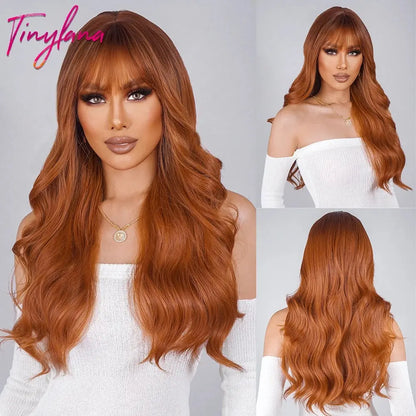Light Pink Long Wavy Cosplay Synthetic Hair Wigs with Bangs for White Women Afro Lolita Water Wave Halloween Heat Reisitant Wig - SS69