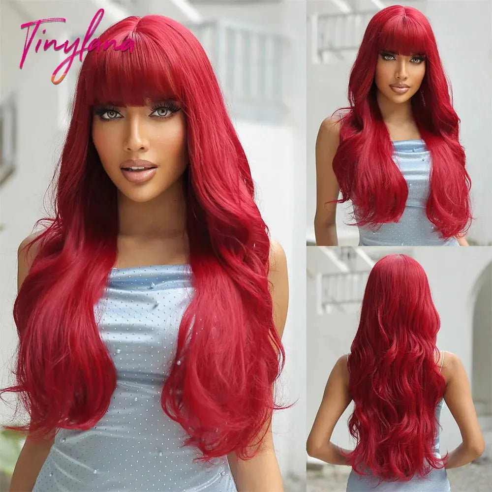 Light Pink Long Wavy Cosplay Synthetic Hair Wigs with Bangs for White Women Afro Lolita Water Wave Halloween Heat Reisitant Wig - SS69